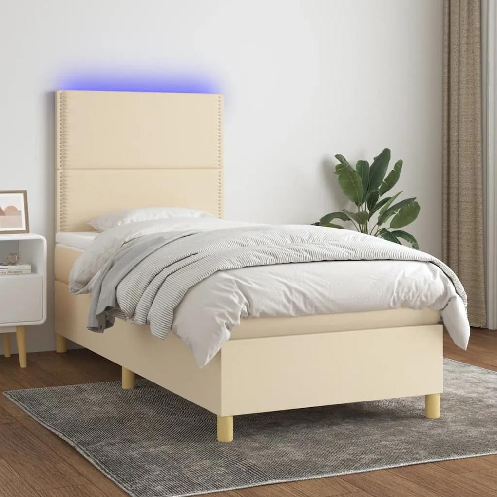 Cama box spring c/ colchão e LED 90x190 cm tecido cor creme