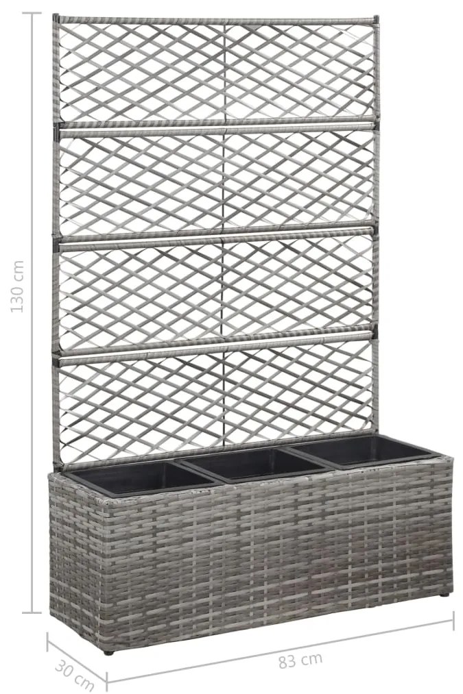 Floreira com treliça e 3 vasos 83x30x130 cm vime PE cinzento