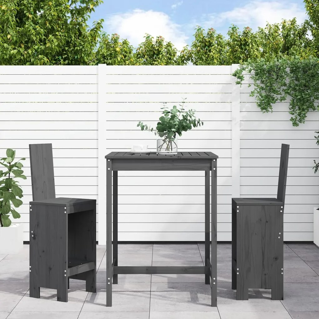 3 pcs conjunto de bar para jardim pinho maciço cinzento