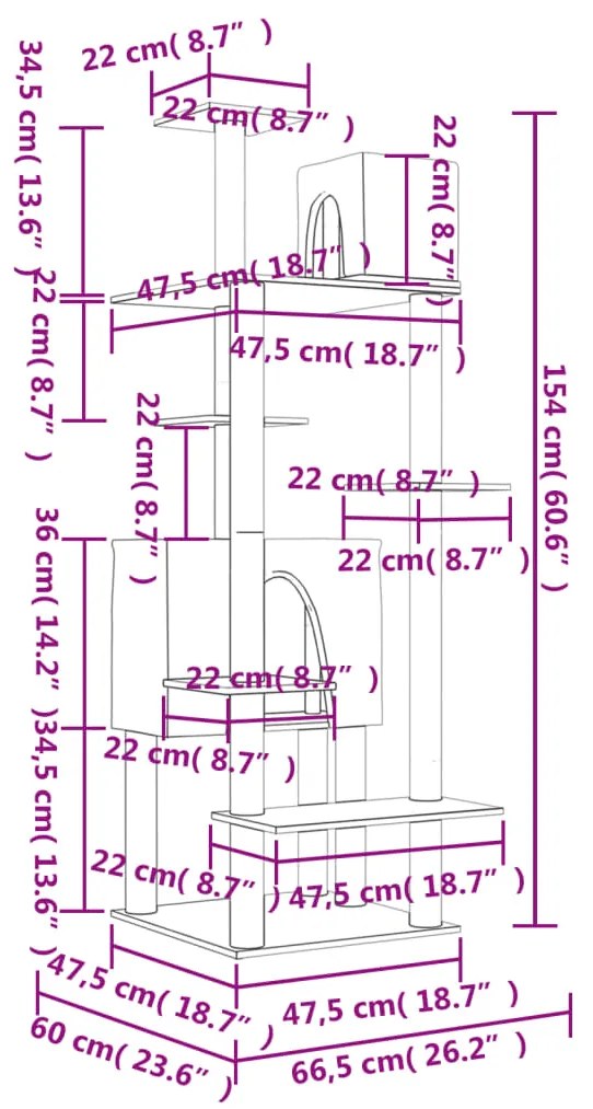 Árvore p/ gatos c/ postes arranhadores sisal 154 cm cinza-claro