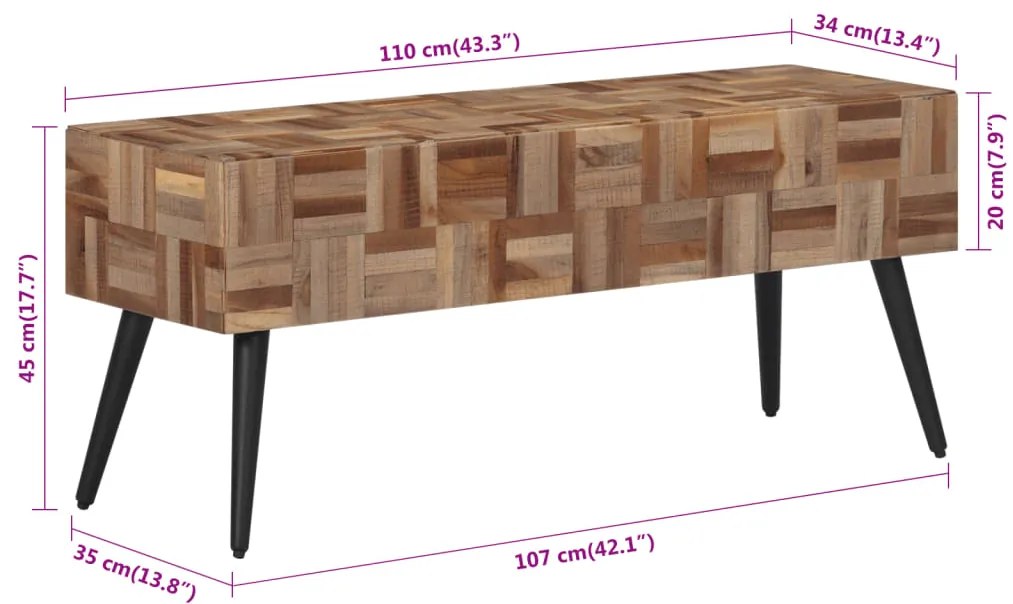 Banco 110x35x45 cm madeira de teca recuperada maciça