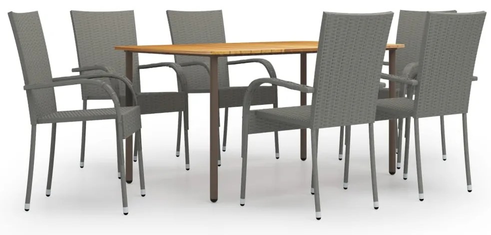 7 pcs conjunto de jantar para jardim vime PE cinzento