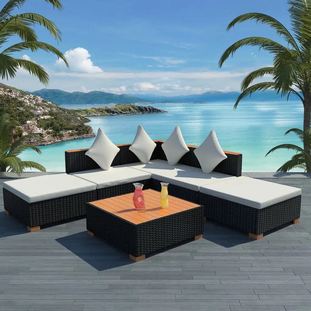 vidaXL 6 pcs conjunto lounge de jardim c/ almofadões vime PE preto