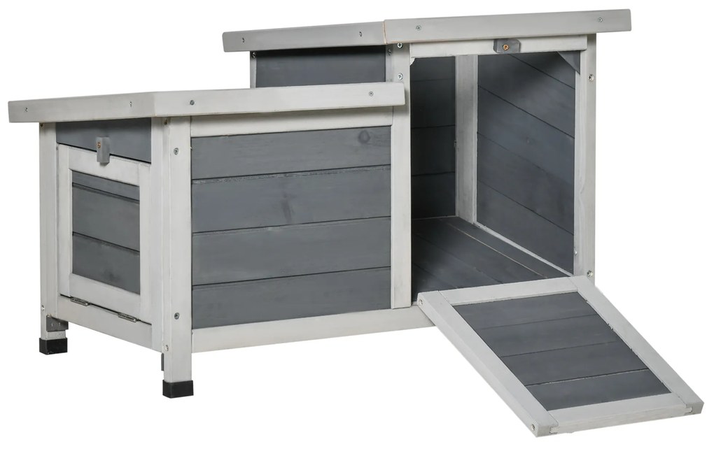 PawHut Coelheira de Madeira de Exterior Casa Elevada para Coelhos Roedores com Tetos Asfálticos Abatível e 2 Portas Convertíveis em Rampas 70x43x45cm Cinza