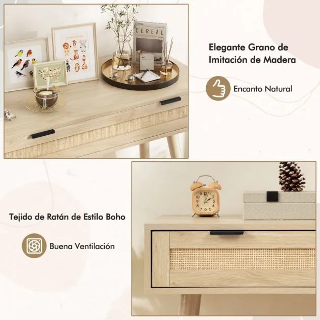 Mesa Consola entrada de rattan 88 x 40 x 77 cm com gaveta Mesa de entrada estilo boémio Natural