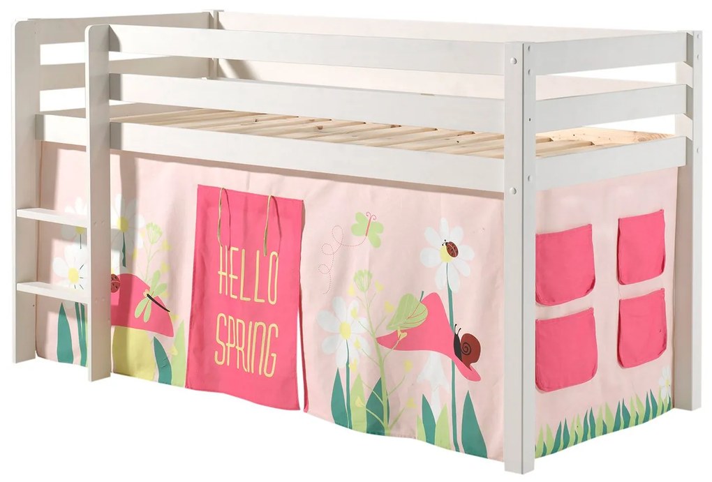 Conjunto Cama alta de Criança PINO 90 x 200 cm + estrado + escada + cortina Primavera Branca