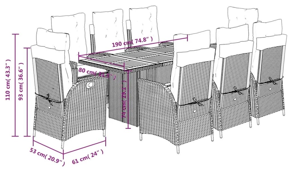 9 pcs conjunto de jantar p/ jardim c/ almofadões vime PE preto