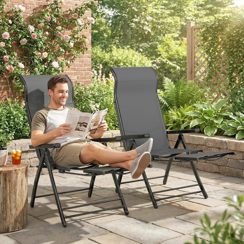 Conjunto de 2 Cadeiras Dobráveis Reclináveis de Jardim Exterior com Encosto Alto Ajustável em 5 Posições Apoio para Pés Cinza Escuro