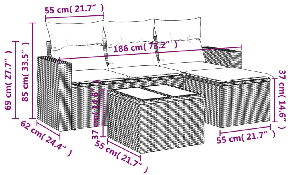 5 pcs conj. sofás jardim c/ almofadões vime PE cinzento-claro