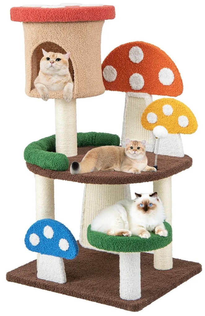 Arranhador para gatos 4 em 1 formato cogumelos Plataforma com Postes de Sisal e Tábuas de Arranhar Multicolor