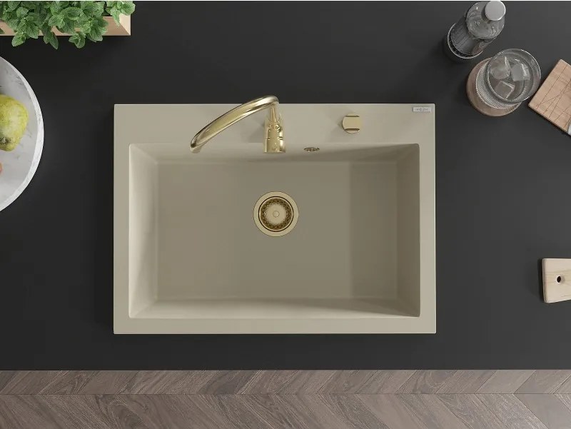 Mexen Elix lavatório de cozinha em granito de 1 cuba 700 x 500 mm, bege, sifão dourado - 6526701005-69-G