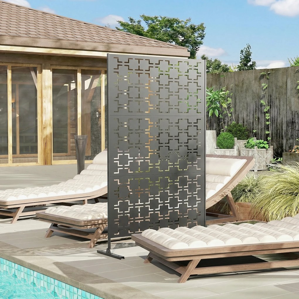 Biombo jardim decorativo de proteção visual para exterior 122 x 45 x 198 cm, com padrão geométrico perfurado em metal preto