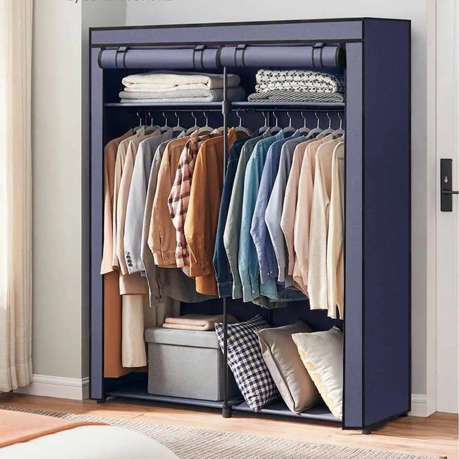 Guarda Roupa em tecido com 2 varões para roupa 43 x 140 x 174 cm Azul escuro
