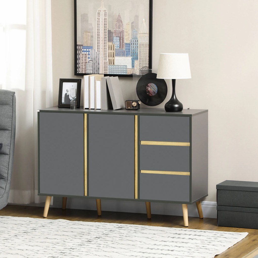 Aparador baixo com 2 portas e 3 gavetas, estilo escandinavo, 120 x 40 x 80 cm, cinza