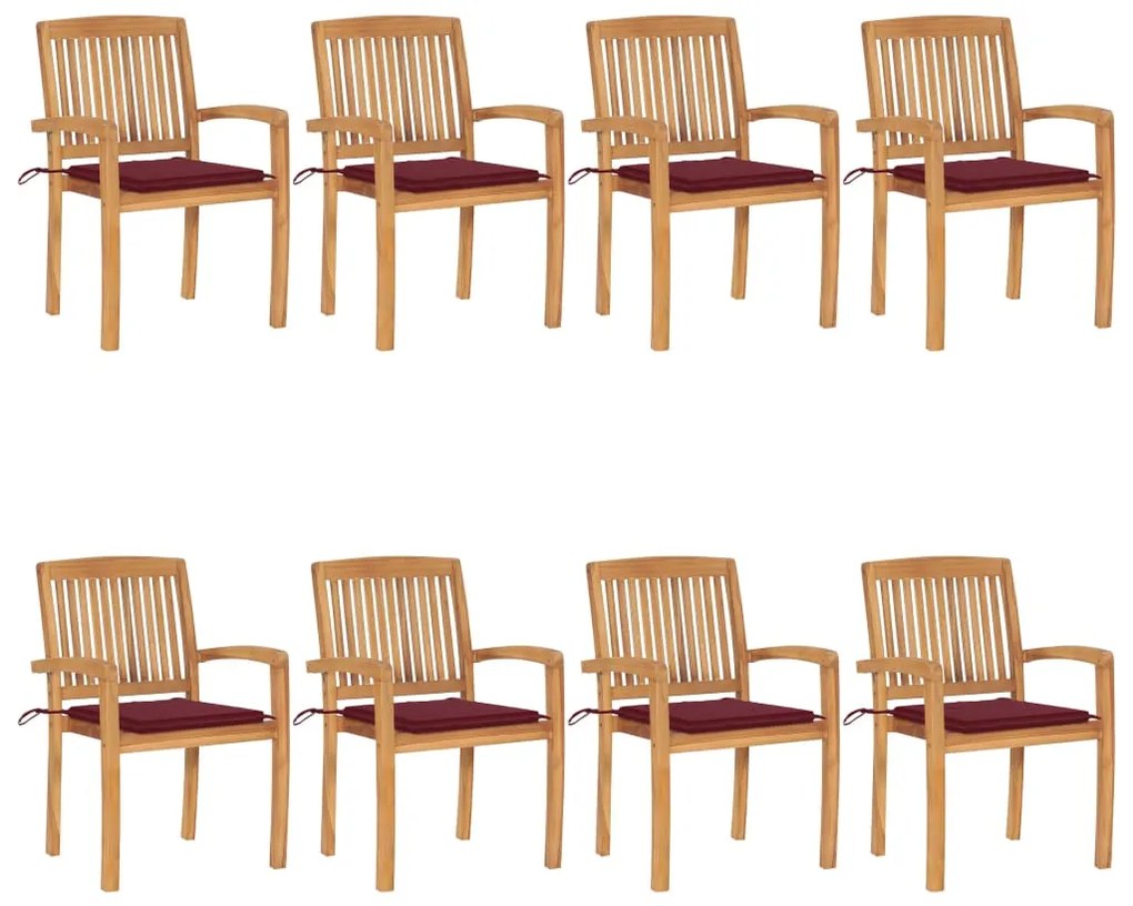 vidaXL Cadeiras de jardim empiháveis c/ almofadões 8 pcs teca maciça