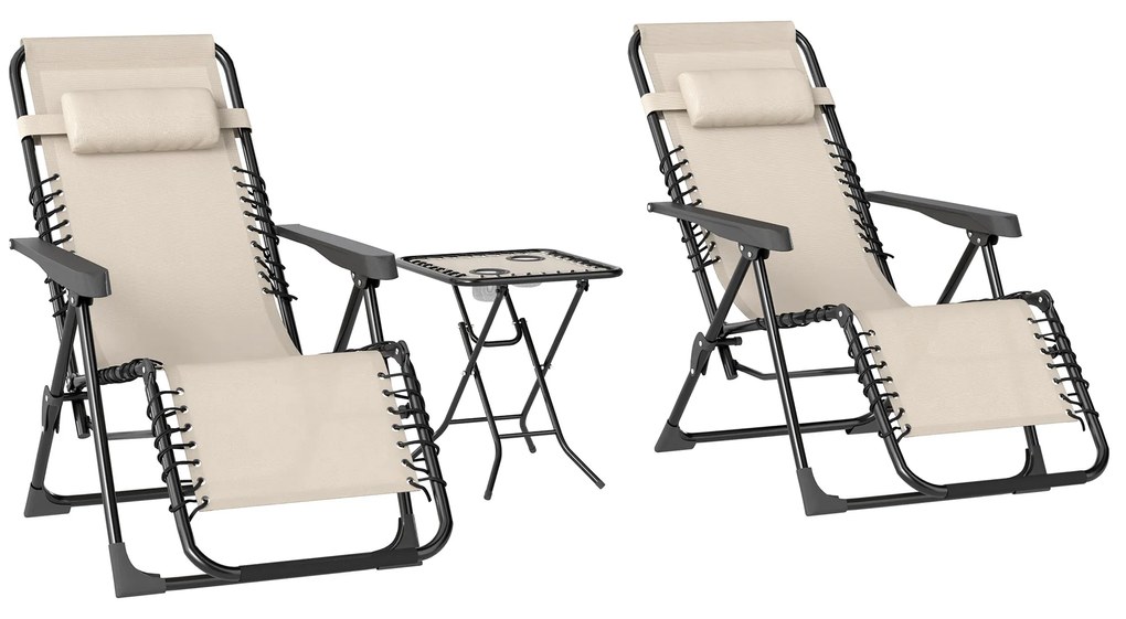 Outsunny Conjunto de 2 Espreguiçadeiras Jardim Dobráveis com Mesa Auxiliar Porta-Copos e Encosto Ajustável 90x65x110 cm Bege