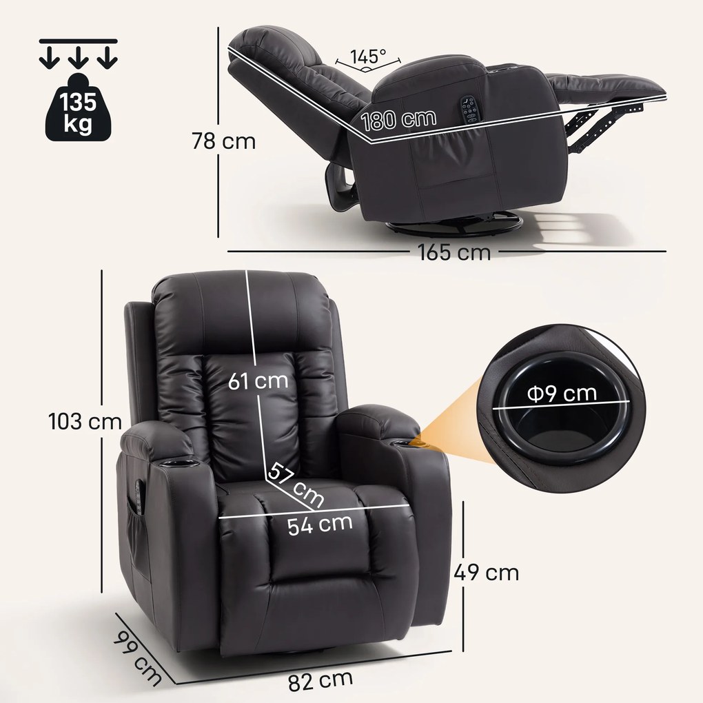 Cadeira reclinável com massagem e aquecimento, cadeira de relaxamento, encosto ajustável, giratória a 360°, 82 x 99 x 103 cm, castanho