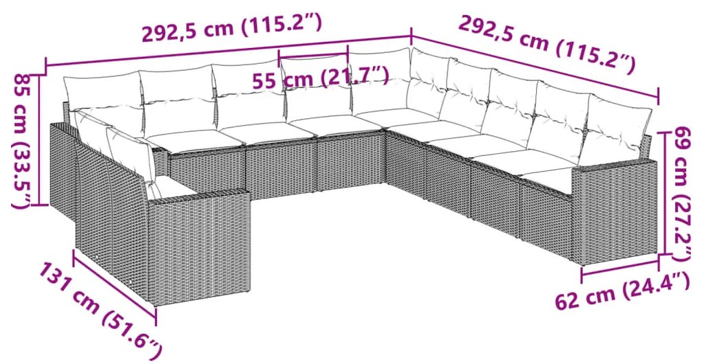11 pcs conjunto sofás de jardim c/ almofadões vime PE castanho