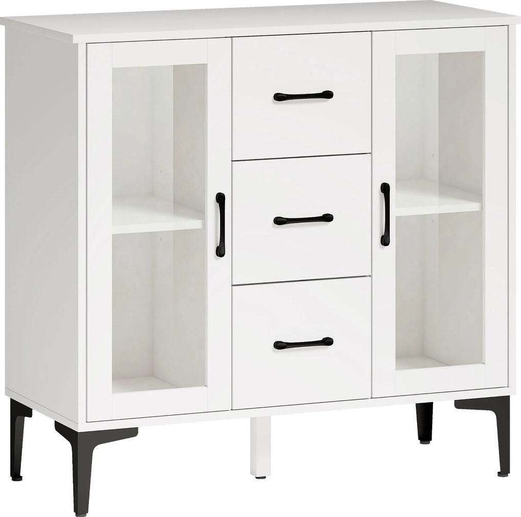 HOMCOM Aparador moderno com portas soft-close, armário buffet com 3 gavetas, 2 portas de vidro, prateleiras ajustáveis, MDF, branco | Aosom Portugal