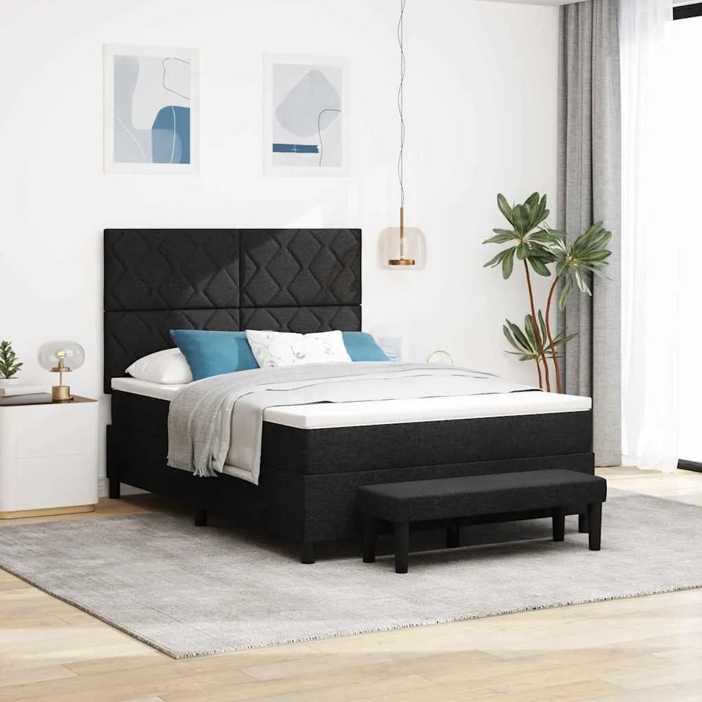 Cama Box Spring com Colchão &amp; Banco Preto 160x200 cm Tecido