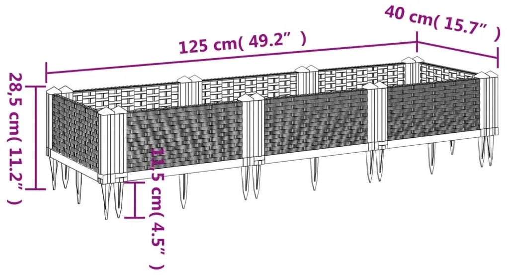 Vaso/floreira de jardim c/ estacas 125x40x28,5 cm PP branco