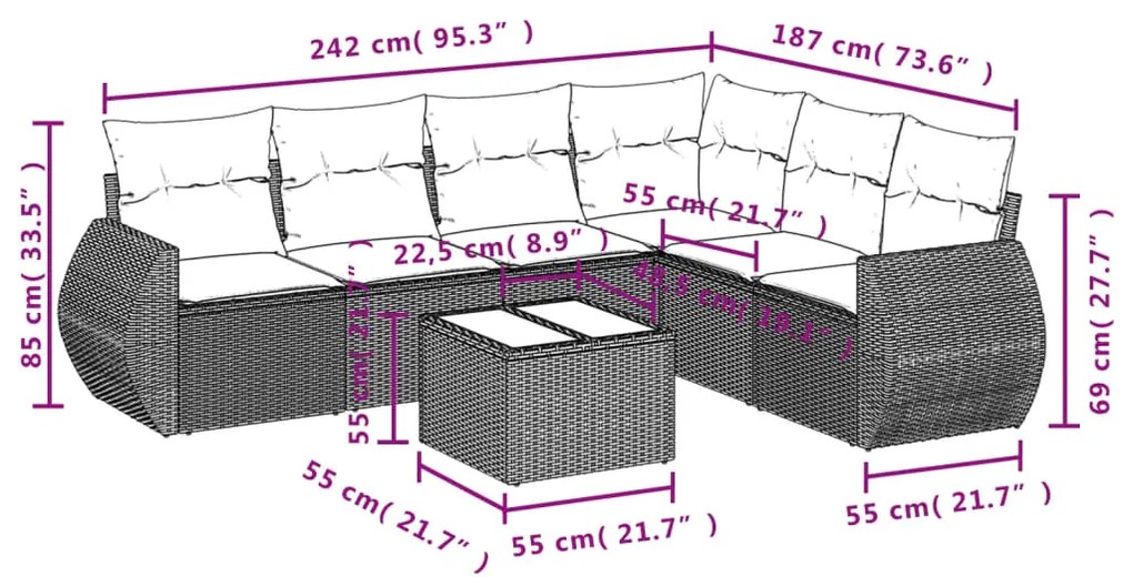 7 pcs conj. sofás jardim com almofadões vime PE cinzento-claro