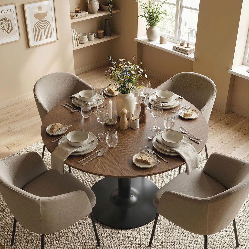 Mesa de Jantar Redonda, 110 x 110 x 78 cm (CADEIRAS NÃO INCLUIDAS) , Base Central em Aço, Castanho