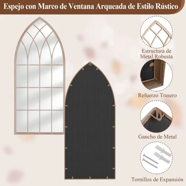 Espelho Painel 115x50cm Janela Estilo Fazenda Arqueado Moldura Metálica Anti-explosão Sala de Estar Entrada Lareira Jardim Cinza rústico