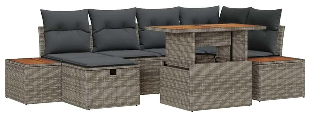 Conjunto de Sofá de Jardim 7 Peças com Almofadas Cinza em Rattan, Poli