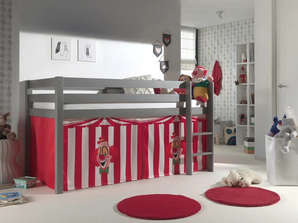 Cama alta de Criança PINO 90 x 200 cm + estrado + escada + cortina Circo Cinzenta
