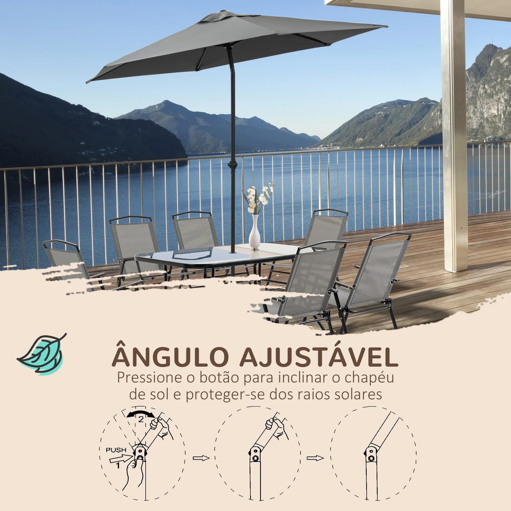 Outsunny Conjunto de Móveis de Jardim 8 Peças com 6 Cadeiras Dobráveis Mesa com Bancada de Vidro e Chapéu de Sol Inclinável Proteção Solar para Terraço Exterior Cinza