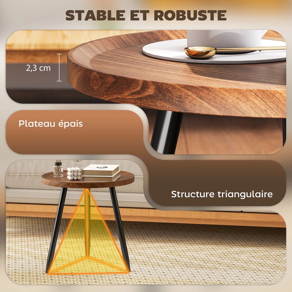 Mesa de centro redonda para sala de estar Ø 40 x 39 cm, mesa auxiliar moderna com estrutura em aço, para sala de estar, quarto madeira de cor nogueira