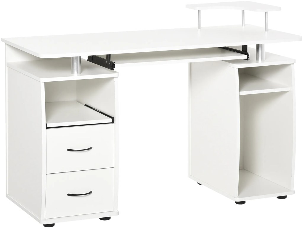 HOMCOM Mesa de Computador com Prateleiras 2 Gavetas Bandeja de Teclado e Suporte para Monitor e CPU 120x55x85 cm Branco