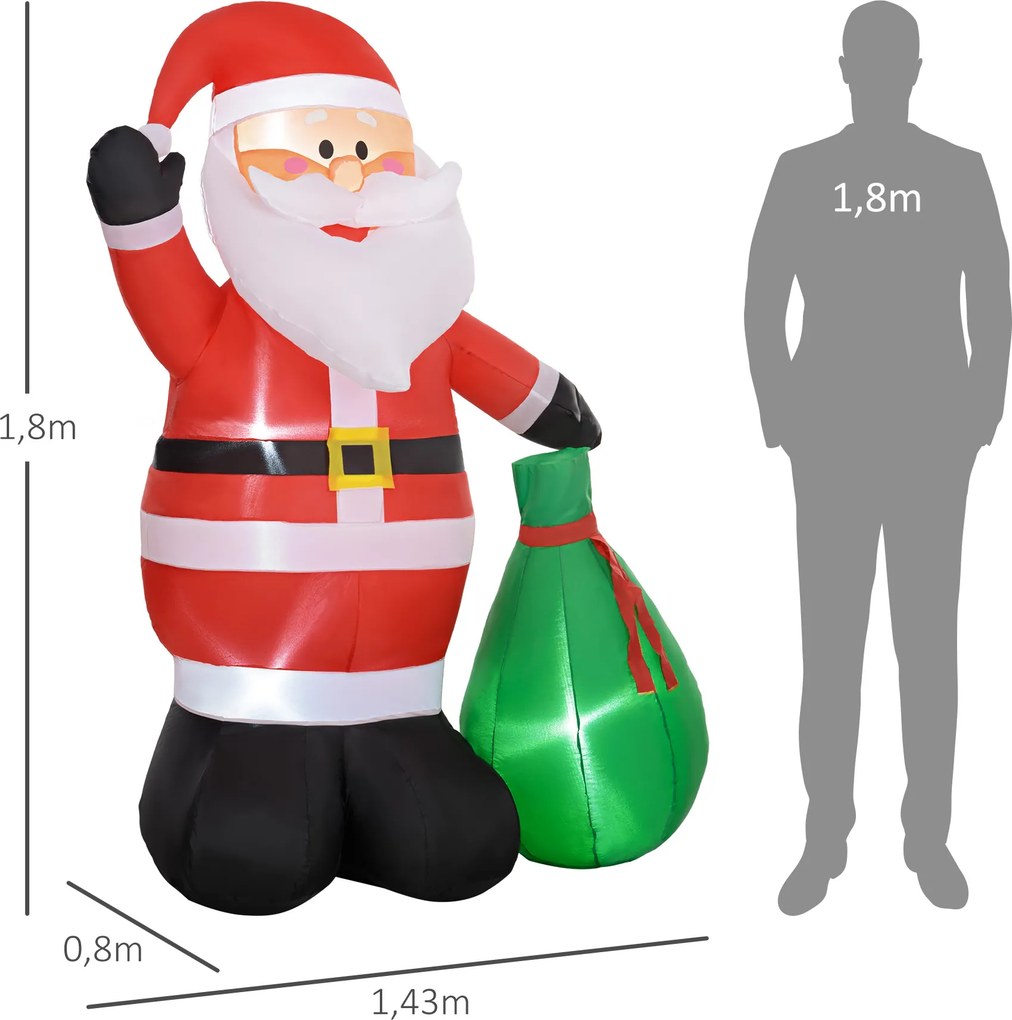 Pai Natal Insuflável de Natal, 143 x 80 x 180 cm, Com Luzes LED, Vermelho