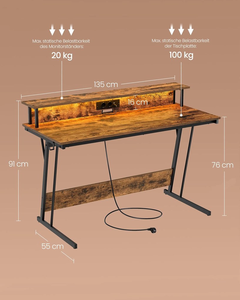 Secretária com iluminação LED, 2 tomadas e 2 portas USB e com suporte para monitor 55 x 135 x 76 cm castanho vintage