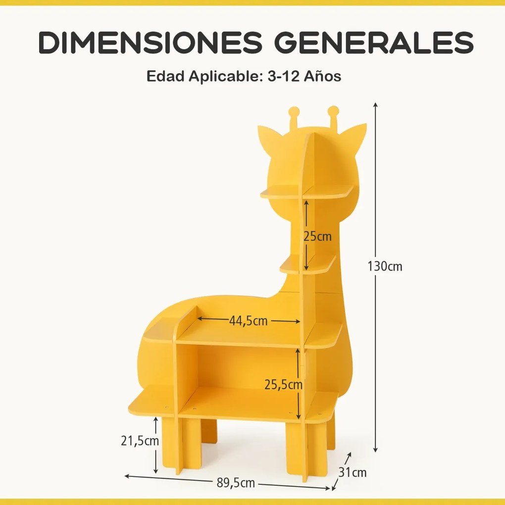 Estante de madeira para crianças com 4 níveis para girafas Organizador de brinquedos com prateleiras de arrumação abertas Amarela