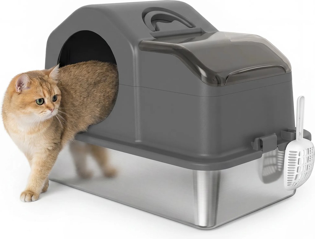 Caixa de Areia para Gatos Fechada XL em Aço Inox com Tampa, Pá, Tapete Recolhedor de Areia, Cinzento Scuro