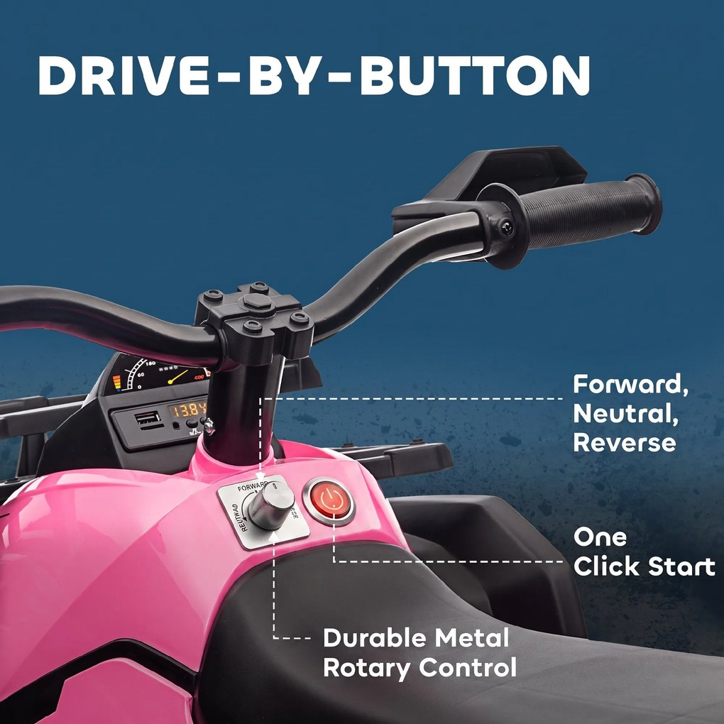 Moto 4 Elétrica Infantil 12V com 2 Motores, 3-8 km/h, Música, Faróis LED e USB, Rosa
