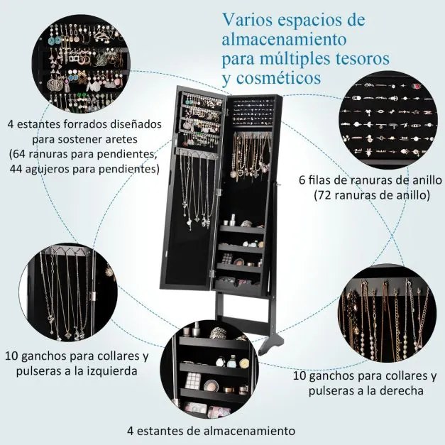 Armário Joias com Espelho de Corpo Inteiro e 3 Ângulos Reguláveis 2 em 1 35 x 30 x 144 cm Preto