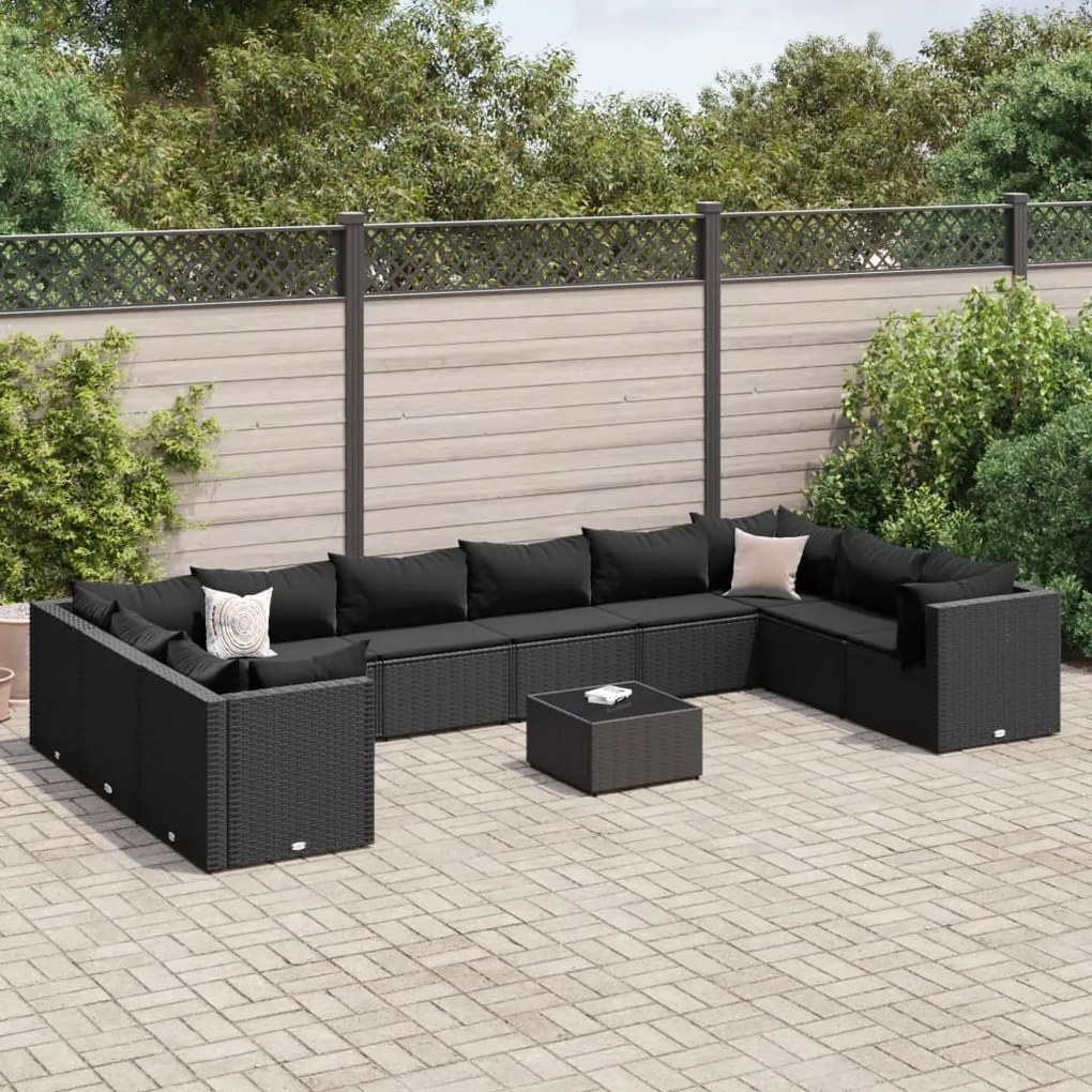 11 pcs conjunto lounge de jardim c/ almofadões vime PE preto