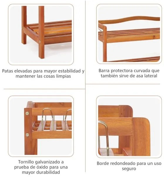 Sapateira de 2 níveis para sapatos 74 x 26 x 42 cm em madeira de acácia com 4 ganchos metálicos laterais Castanho