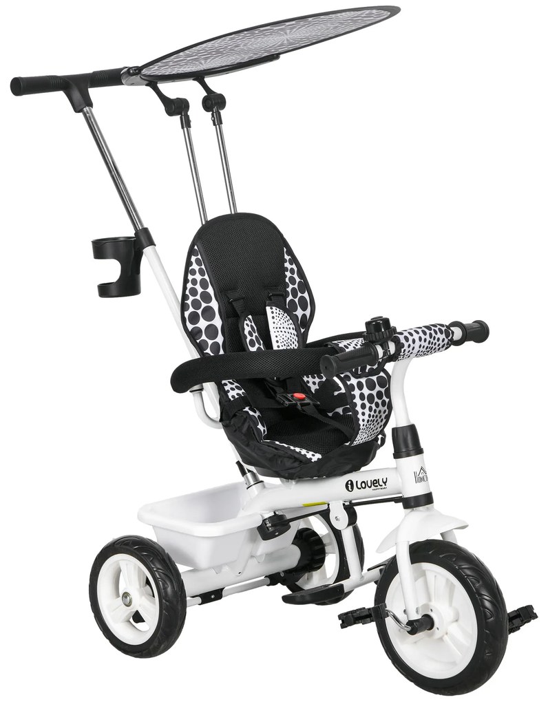 HOMCOM Triciclo Bebê 2 em 1 Evolutivo +12 Meses Toldo Dobrável Guiador Telescópico Segurança Branco | Aosom Portugal