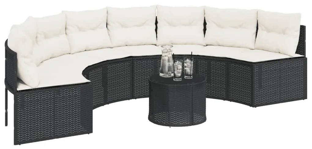 Sofá de jardim com almofadões semicircular vime PE preto