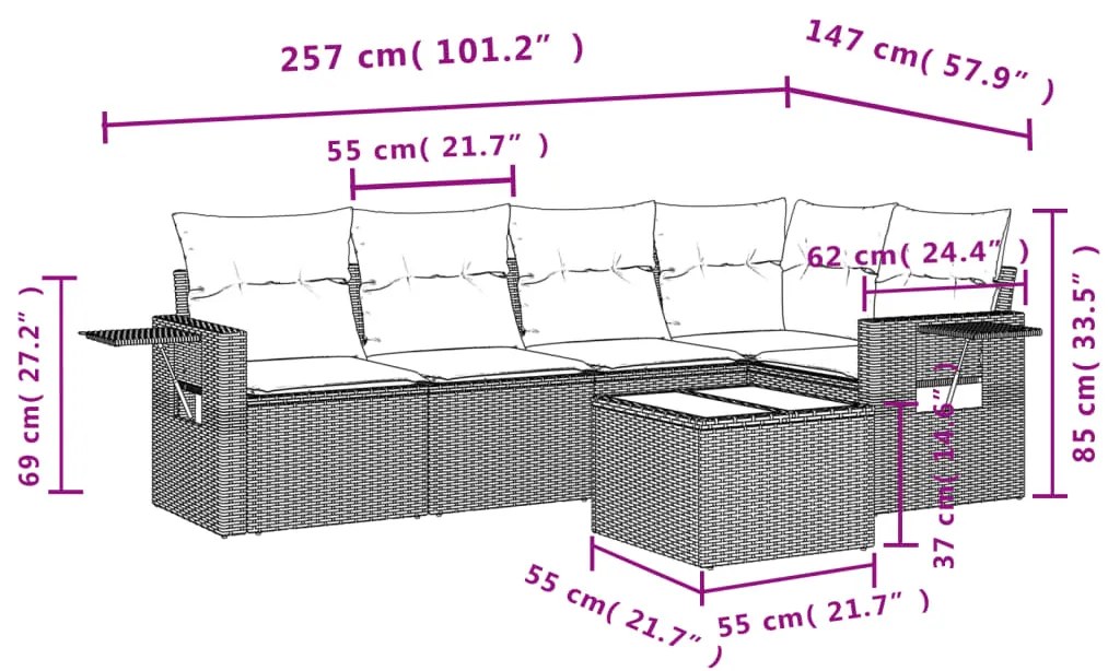 6 pcs conjunto de sofás p/ jardim com almofadões vime PE bege
