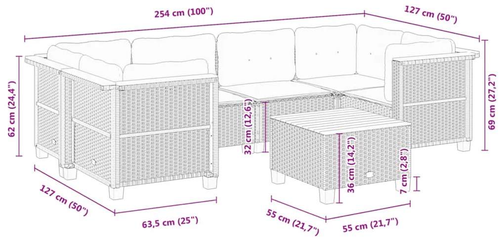 7 pcs conjunto sofás p/ jardim c/ almofadões vime PE cinzento