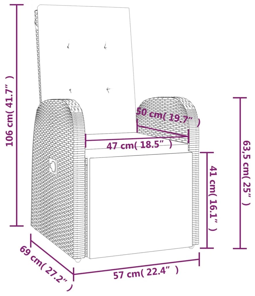 Cadeiras de jardim reclináveis c/ almofadões 2pcs vime PE cinza