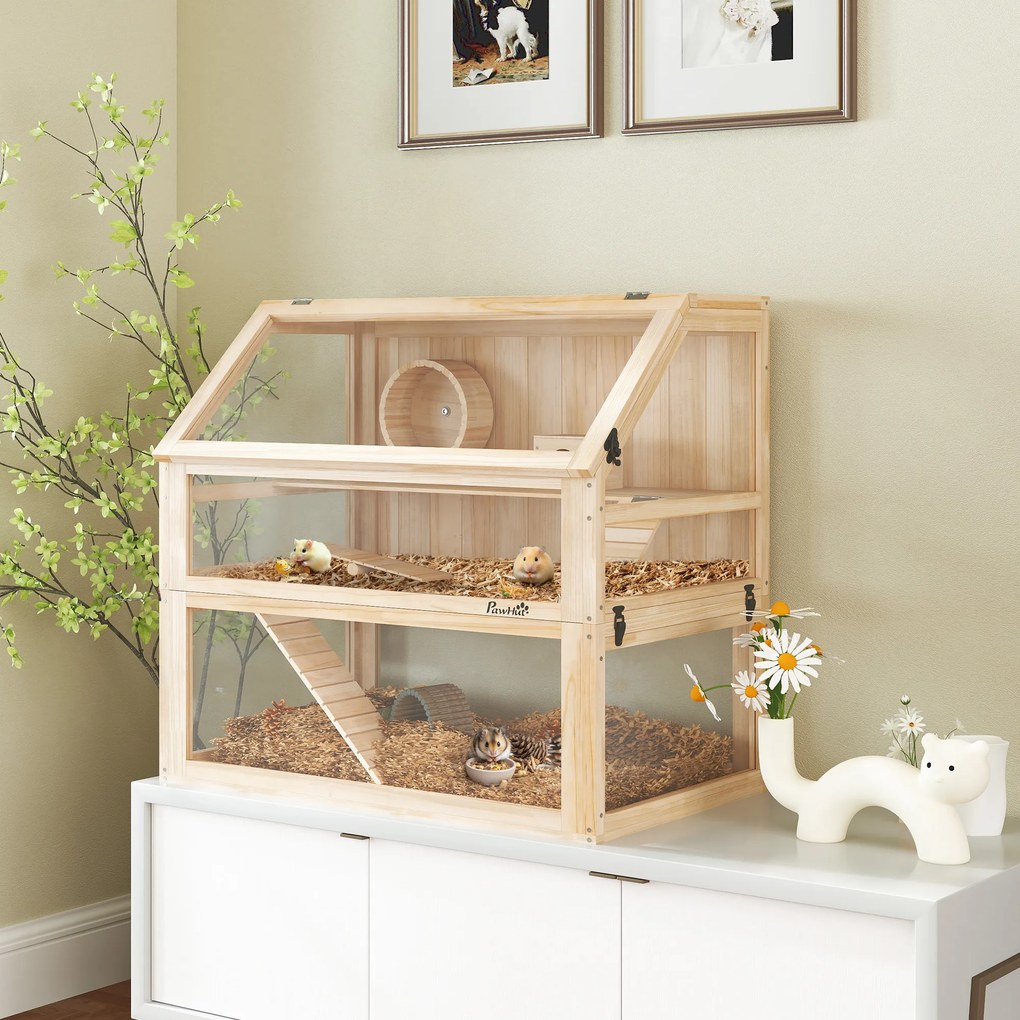 Gaiola para hamsters e roedores com 3 níveis, fundo removível 80 x 50 x 76 cm, casinha e Baloiço, 80x50x76 cm, acabamento em madeira natural