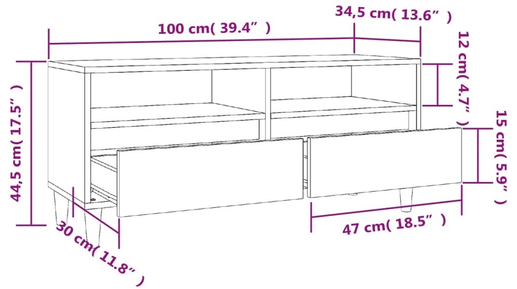 Móvel p/ TV 100x34,5x44,5 cm derivados madeira branco brilhante