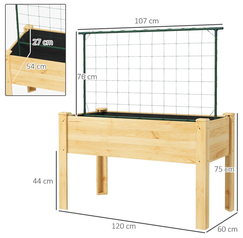 Horta Vertical Elevada com Treliça Mesa de Cultivo para Plantas Trepadeiras Flores Carga Máxima 300 kg 120x60x75 cm Madeira