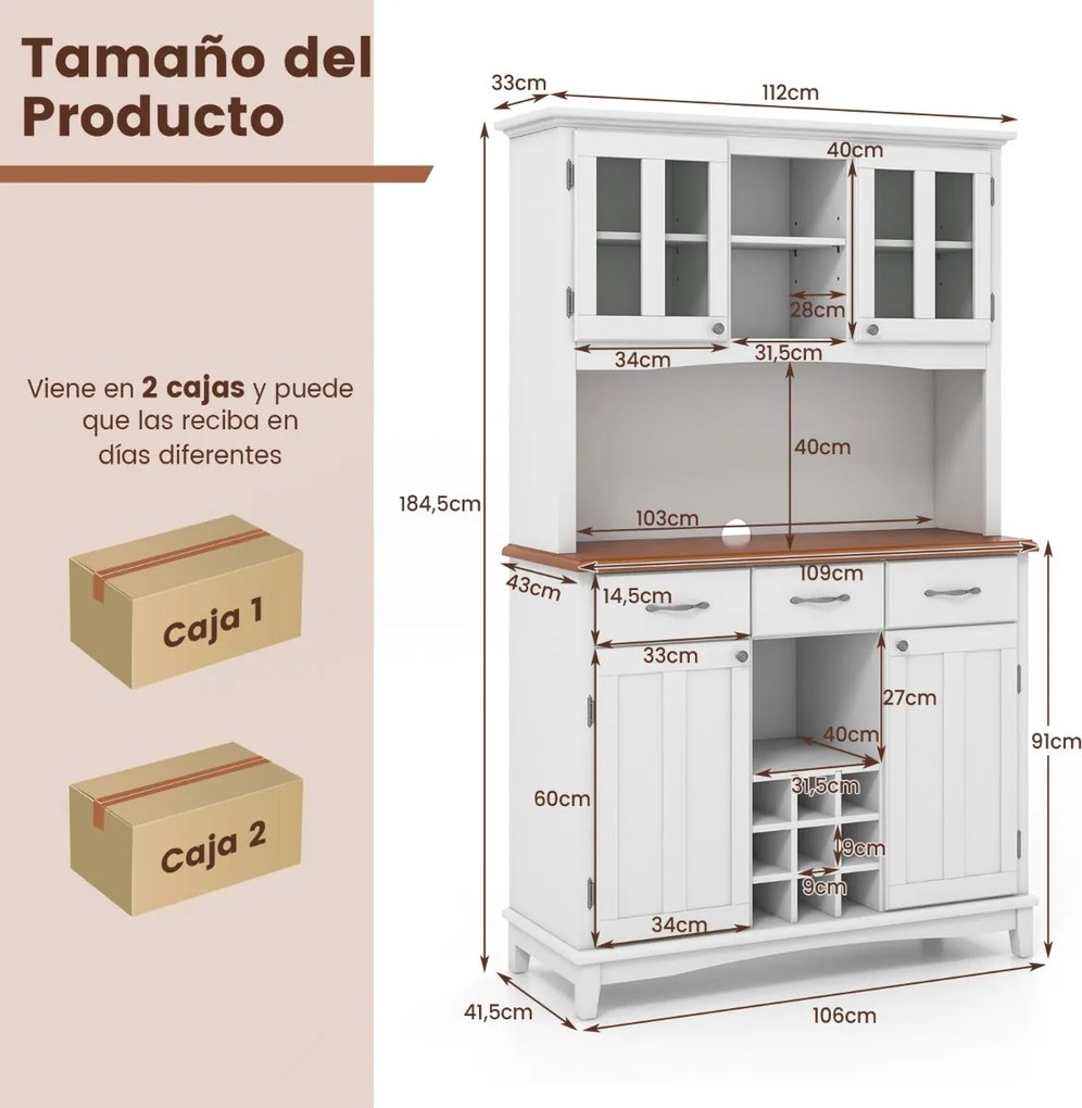 Armário de Cozinha "Eleganza" com Vitrine de Vidro Temperado, Porta-Vi
